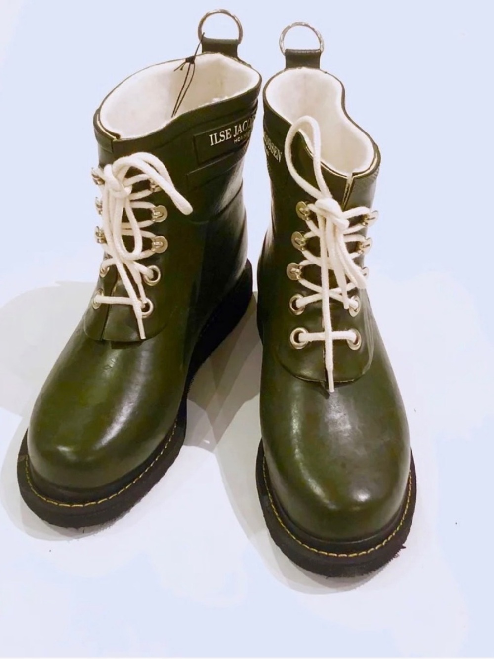 Ilse Jacobsen Olive Lace-Up Ankle Boots with White Laces